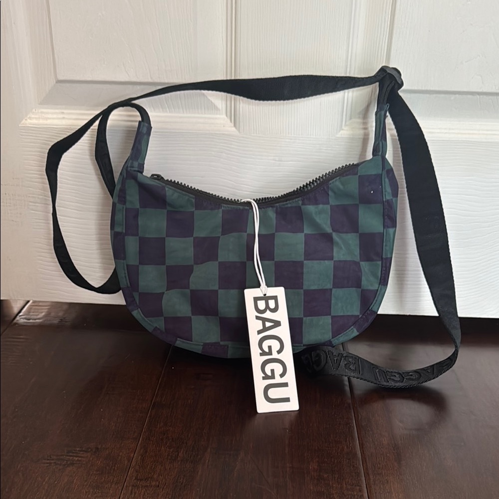 Baggu small crescent shoulder/crossbody bag in navy and green checker